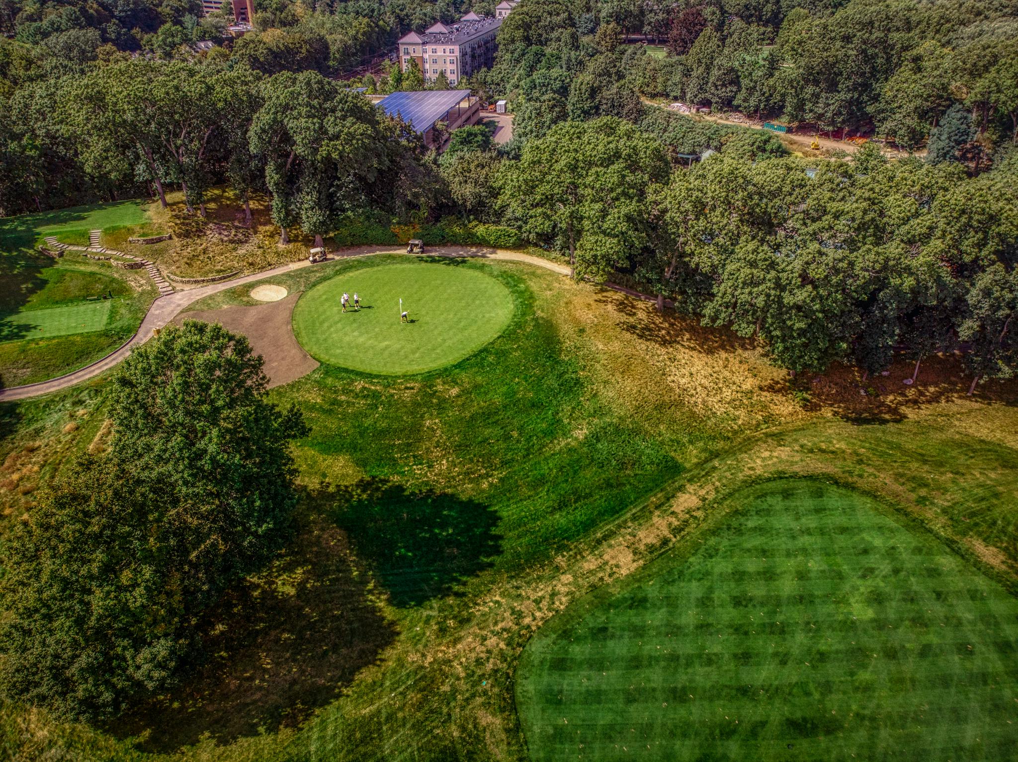 Aerial view of a lush golf course surrounded by trees, showcasing the vibrant greens under a sunny sky.